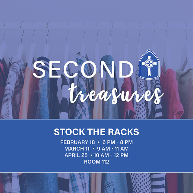 Multiple Dates & Times, Room 112
Help Women@Second sort and hang donations and stock the racks of our upcoming thrift shop, Second Treasures.


